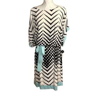 Sandra Darren Midi Dress Womens SZ 12 Chevron Polka Dot Belted Retro Mint Trim